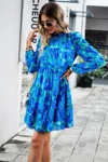 Truedames Ruffle Neck Abstract Print Long Sleeve Tiered Dress In Multi