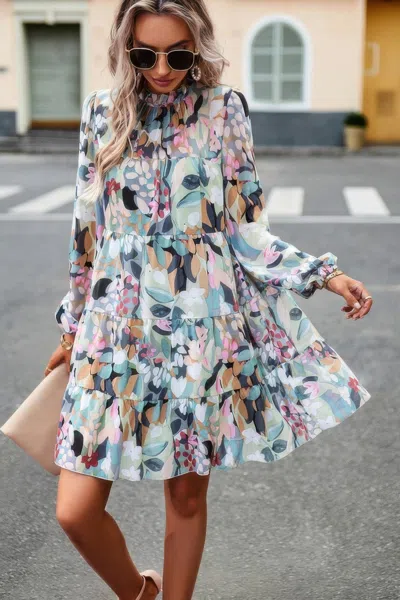 Truedames Ruffle Neck Abstract Print Long Sleeve Tiered Dress In Green