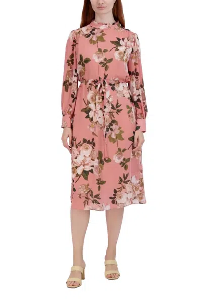 Truedames Ruffle Neck Floral Long Sleeve Dress In Pink