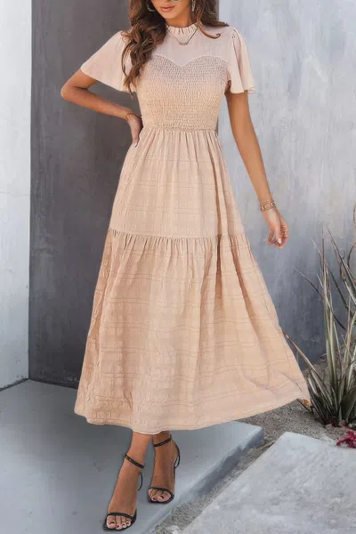 Truedames Ruffle Sleeve And Hem Top Shirred Crew Neck Dress In Neutral