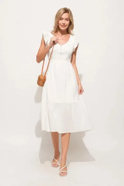 Truedames Ruffle Sleeve Front Smocked Tiered Midi Dress In White