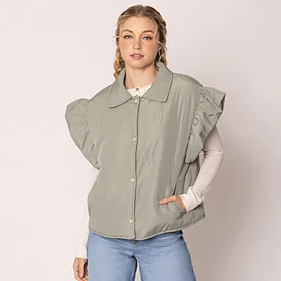 Truedames Ruffle Sleeve Padded Vest In Green