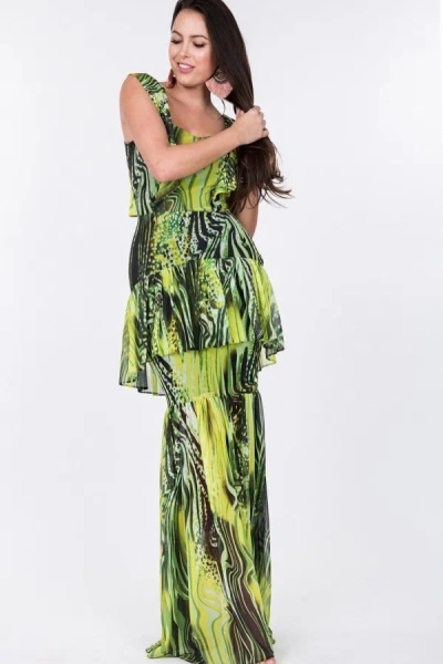Truedames Ruffle Sleeve Tiered Bottom Print Long Dress In Green