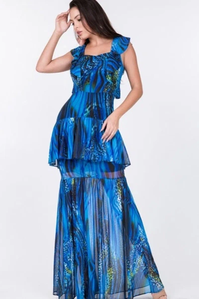 Truedames Ruffle Sleeve Tiered Bottom Print Long Dress In Multi