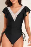 Truedames Ruffle Sleeves Lace Color Block Ruched Swimsuit In Black