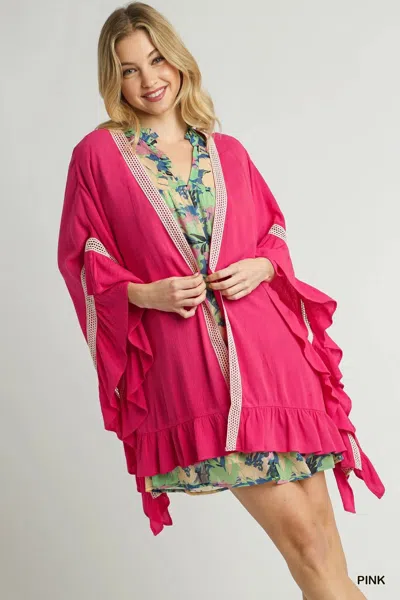 Truedames Ruffle Trim Kimono With Crochet Accent In Pink