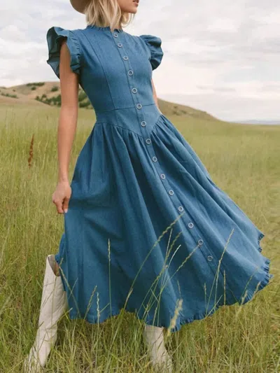 Truedames Ruffled Cap Sleeve Denim Dress In Blue