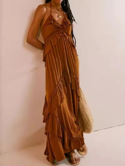 Truedames Ruffled Halter Neck Maxi Dress In Brown