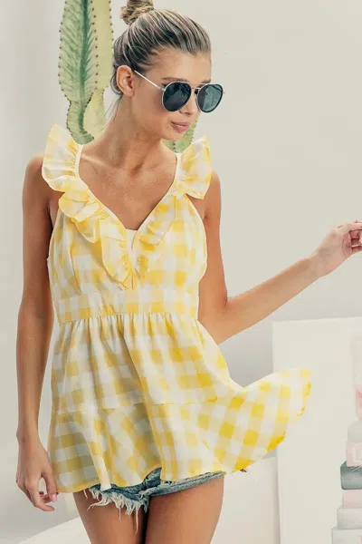 Truedames Ruffled Neckline Sleeveless Check Plaid Peplum Top In Yellow