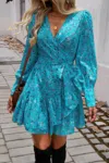 Truedames Ruffled Printed Surplice Long Sleeve Mini Dress In Blue