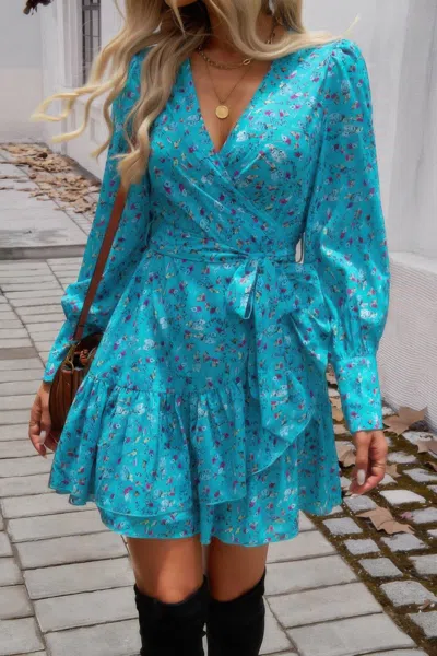 Truedames Ruffled Printed Surplice Long Sleeve Mini Dress In Blue