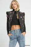 Truedames Ruffled Quilted Floral Snap Down Vest In Black