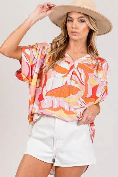 Truedames Sage + Fig Abstract Print Half Button Blouse In Pink