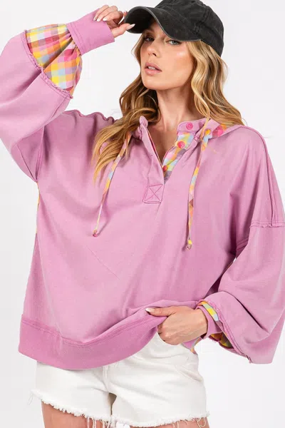 Truedames Sage + Fig Full Size Plaid Print Washed Hoodie In Purple
