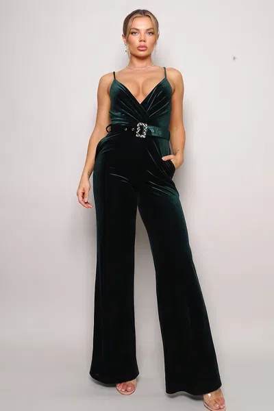 Truedames Samba Rhinestone Belt Velvet Jumpsuit In Green