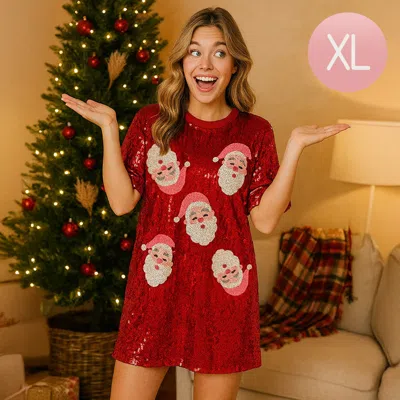 Truedames Santa Face Pattern Sequin Holiday Long Party Shirt In Red
