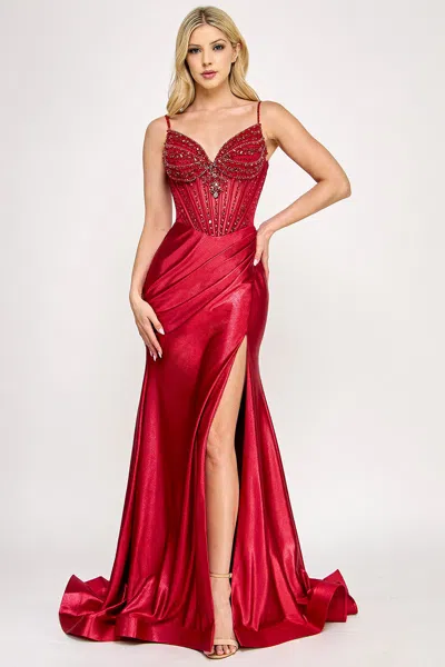 Truedames Satin Beaded Corset Evening Gown With Sweetheart Neckline, High Slit & Mermaid Train In Red