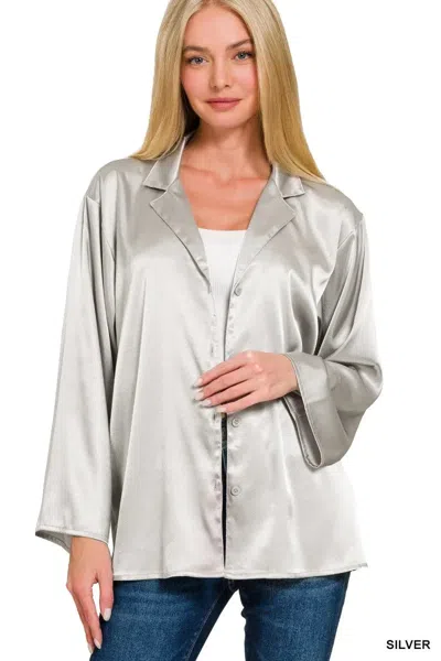 Truedames Satin Button Down Shirt In Silver