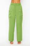 Truedames Satin Cargo Pocket Wide Leg Pants In Green