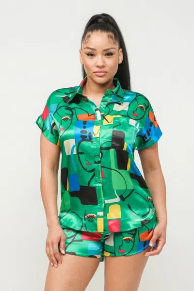 Truedames Satin Dolman Print Button Down Top And Shorts Set In Green