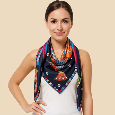 Truedames Satin Feel Elegant Intricate Geometric Paisley Print Square Scarf In Blue