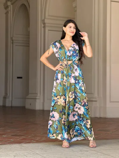 Truedames Satin Floral Cut Out Straight Leg Jumpsuit In Green