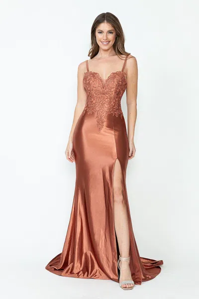 Truedames Satin Lace Appliqué Slit Gown With Sheer Jacket Mother Of The Bride Dress In Brown