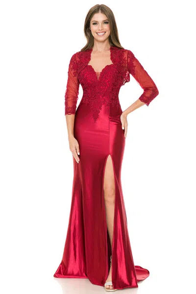 Truedames Satin Lace Appliqué Slit Gown With Sheer Jacket Mother Of The Bride Dress In Red