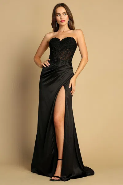 Truedames Satin Lace Corset Fitted Gown In Black