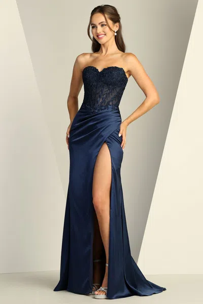 Truedames Satin Lace Corset Fitted Gown In Blue