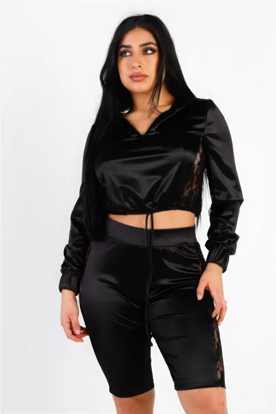 Truedames Satin Lace Details Long Sleeve Hooded Crop Top & Biker Short Set In Black