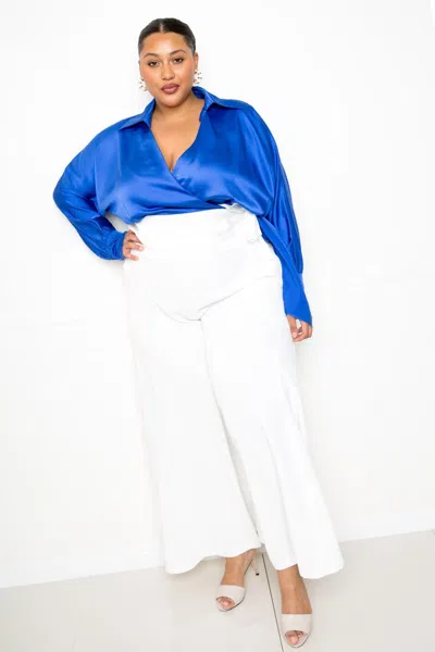 Truedames Satin Long Sleeve Tie Waist Wrap Top In Blue