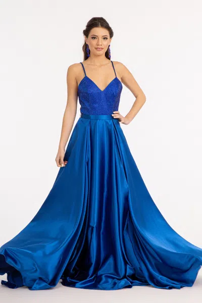 Truedames Satin Open Back V-neck Long Formal Prom Dress In Blue