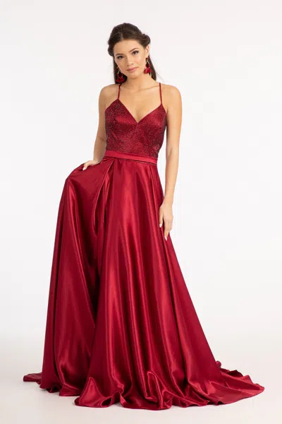 Truedames Satin Open Back V-neck Long Formal Prom Dress In Red