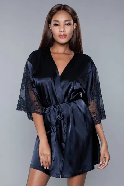 Truedames Satin Robe With Sheer Floral Lace Panels In Black