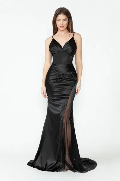 Truedames Satin Sheer Side Slit Evening Gown With V-neck & Spaghetti Straps In Black