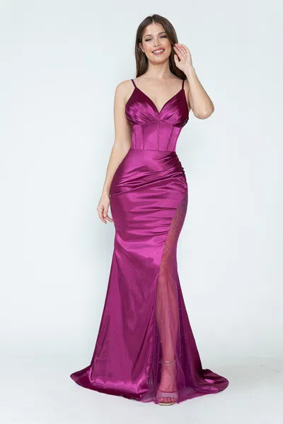 Truedames Satin Sheer Side Slit Evening Gown With V-neck & Spaghetti Straps In Pink