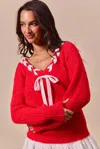 Truedames Satin Tape Braided Ribbon Tie V Neck Sweater In Red