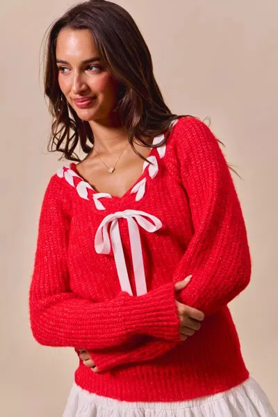 Truedames Satin Tape Braided Ribbon Tie V Neck Sweater In Red