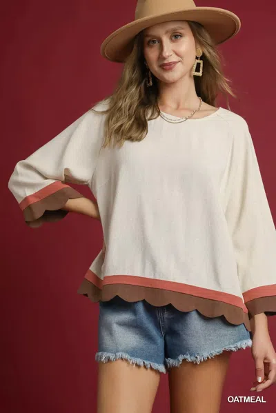 Truedames Scalloped Hem Color Block Top In Neutral