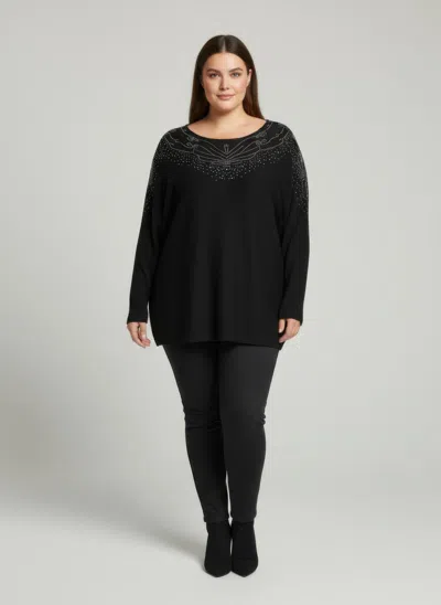 Truedames Scarlet Embellished Neckline Dolman Sleeve Tunic Top In Black
