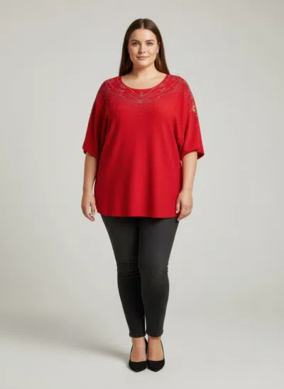 Truedames Scarlet Embellished Neckline Dolman Sleeve Tunic Top In Red