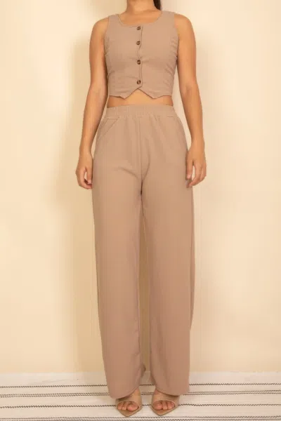 Truedames Scoop Neck Button Vest & Wide Leg Pants Set In Pink