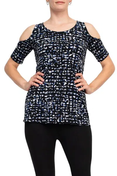 Truedames Scoop Neck Cutout Shoulder Short Sleeve Multi Print Jersey Top In Black