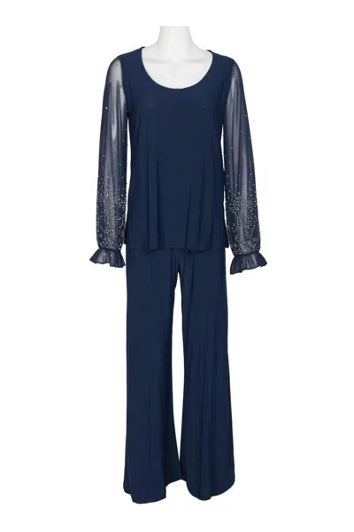 Truedames Scoop Neck Embellished Chiffon Long Sleeve Slit Side Top And Elastic Mid Waist Wide Leg Jersey Two P In Blue