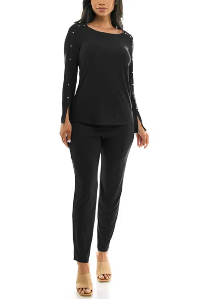 Truedames Scoop Neck Embellished Shoulder Long Sleeve With Elastic Waist Pants In Black