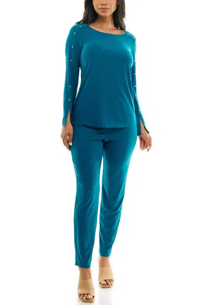 Truedames Scoop Neck Embellished Shoulder Long Sleeve With Elastic Waist Pants In Blue