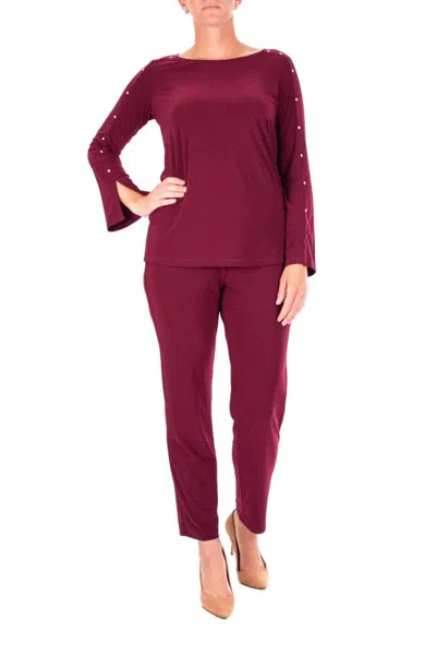 Truedames Scoop Neck Embellished Shoulder Long Sleeve With Elastic Waist Pants In Burgundy