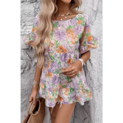 Truedames Scoop Neck Floral Print Hollow Out Ruffle Hem Top In Purple