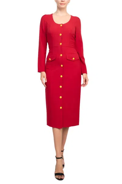 Truedames Scoop Neck Long Sleeve Banded Front Button Closure Solid Stretch Crepe Dress In Red